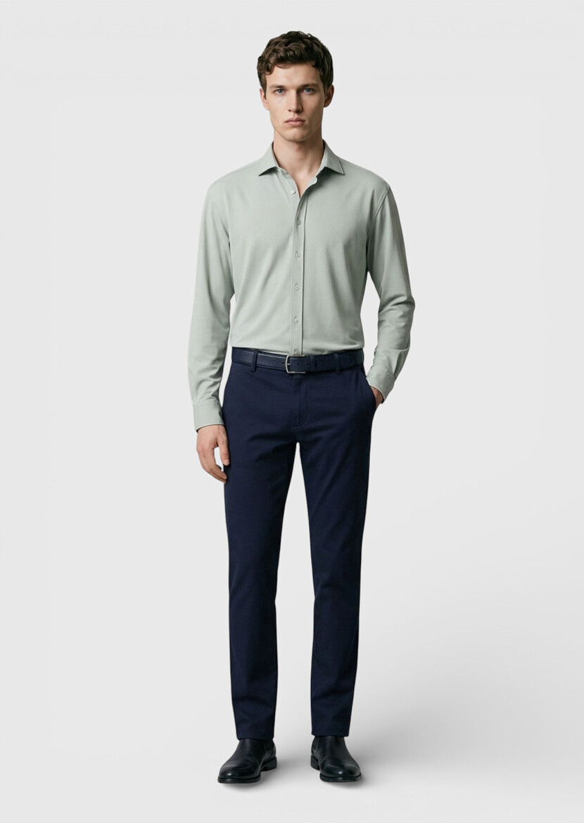 Grey Plain Regular Fit Long Knitting Classical Shirt - 3
