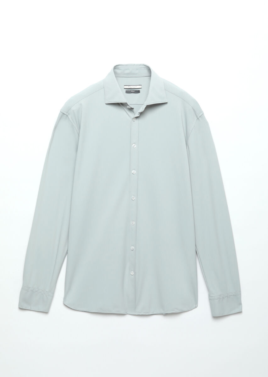Grey Plain Regular Fit Long Knitting Classical Shirt - 5