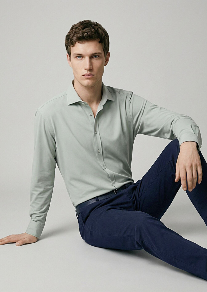 Grey Plain Regular Fit Long Knitting Classical Shirt - RAMSEY
