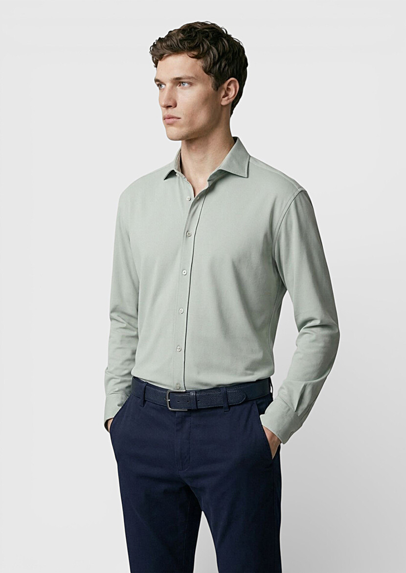 Grey Plain Regular Fit Long Knitting Classical Shirt - RAMSEY