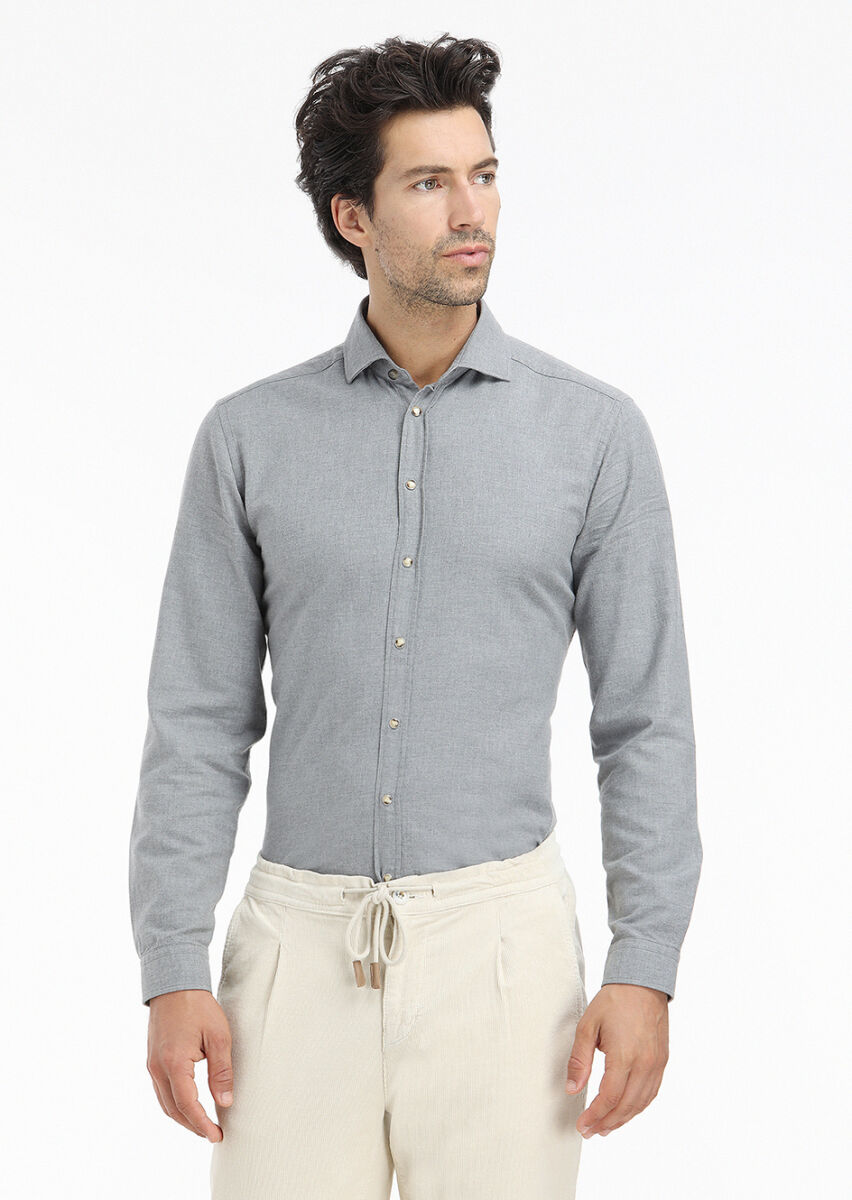 Grey Plain Regular Fit Long Weaving Casual 100% Cotton Shirt - 2