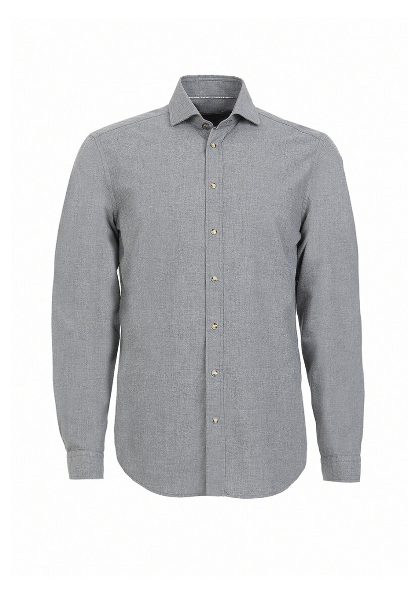 Grey Plain Regular Fit Long Weaving Casual 100% Cotton Shirt - 6