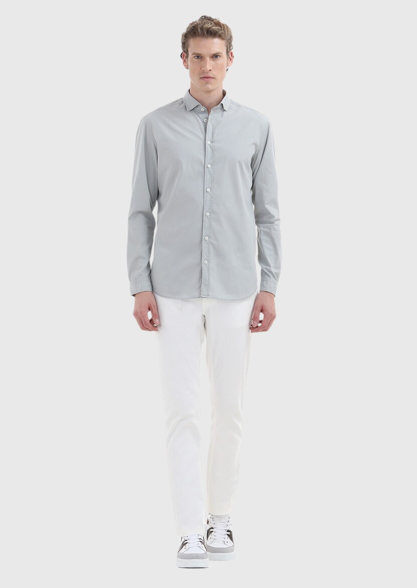 Grey Plain Regular Fit Long Weaving Casual 100% Cotton Shirt - 1