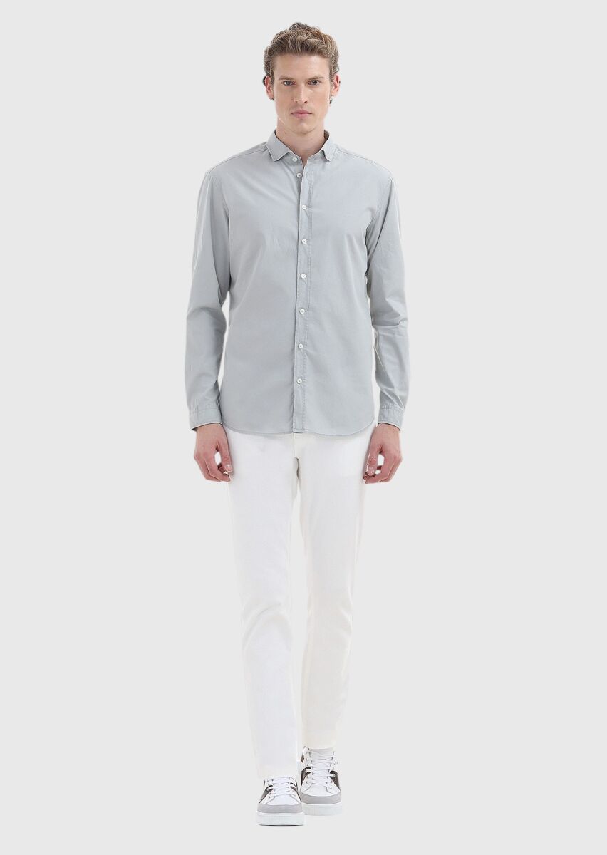 Grey Plain Regular Fit Long Weaving Casual 100% Cotton Shirt - 1