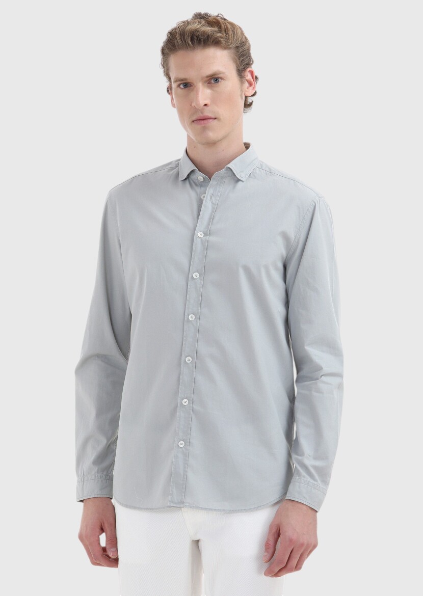 Grey Plain Regular Fit Long Weaving Casual 100% Cotton Shirt 