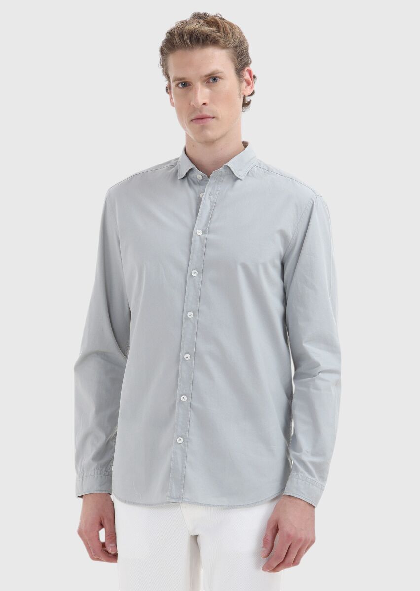 Grey Plain Regular Fit Long Weaving Casual 100% Cotton Shirt - 2