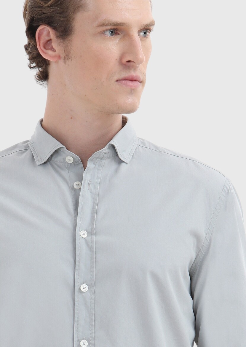 Grey Plain Regular Fit Long Weaving Casual 100% Cotton Shirt - 3