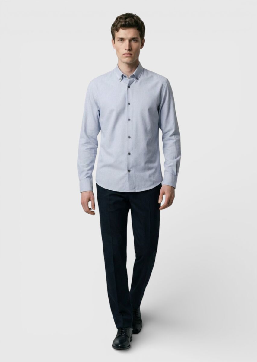 Grey Plain Regular Fit Long Weaving Casual 100% Cotton Shirt - 2