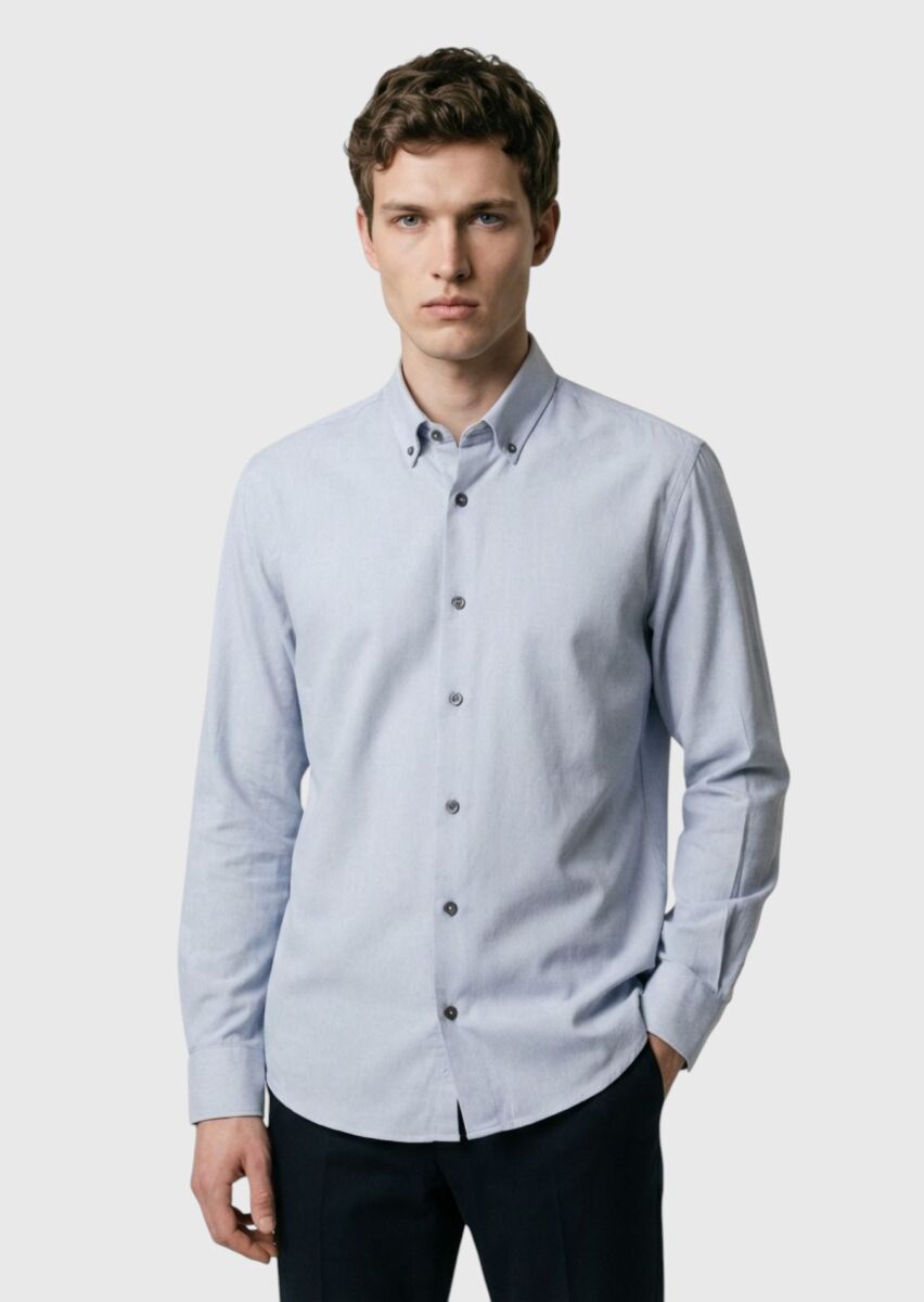 Grey Plain Regular Fit Long Weaving Casual 100% Cotton Shirt - 3