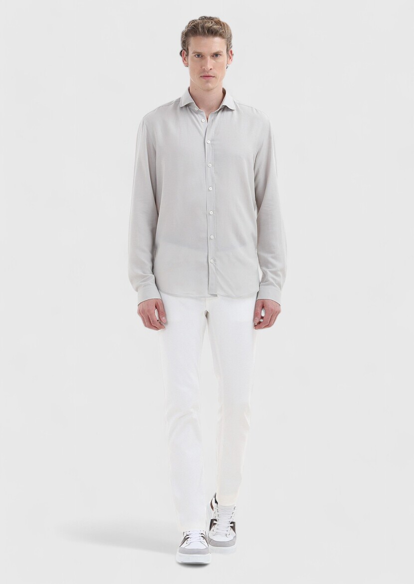 Grey Plain Regular Fit Long Weaving Casual Linen Blended Shirt - 1