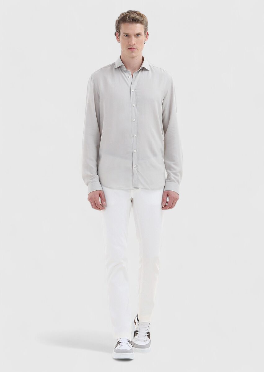 Grey Plain Regular Fit Long Weaving Casual Linen Blended Shirt - 1