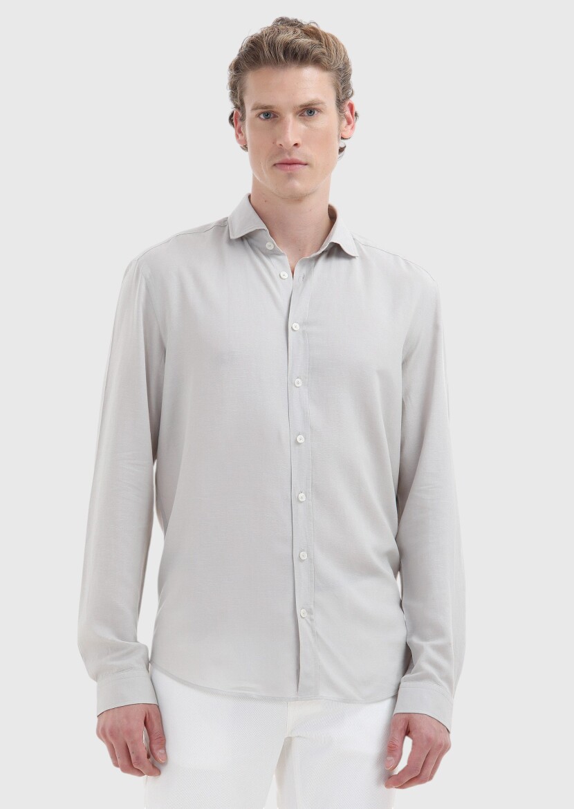 Grey Plain Regular Fit Long Weaving Casual Linen Blended Shirt 