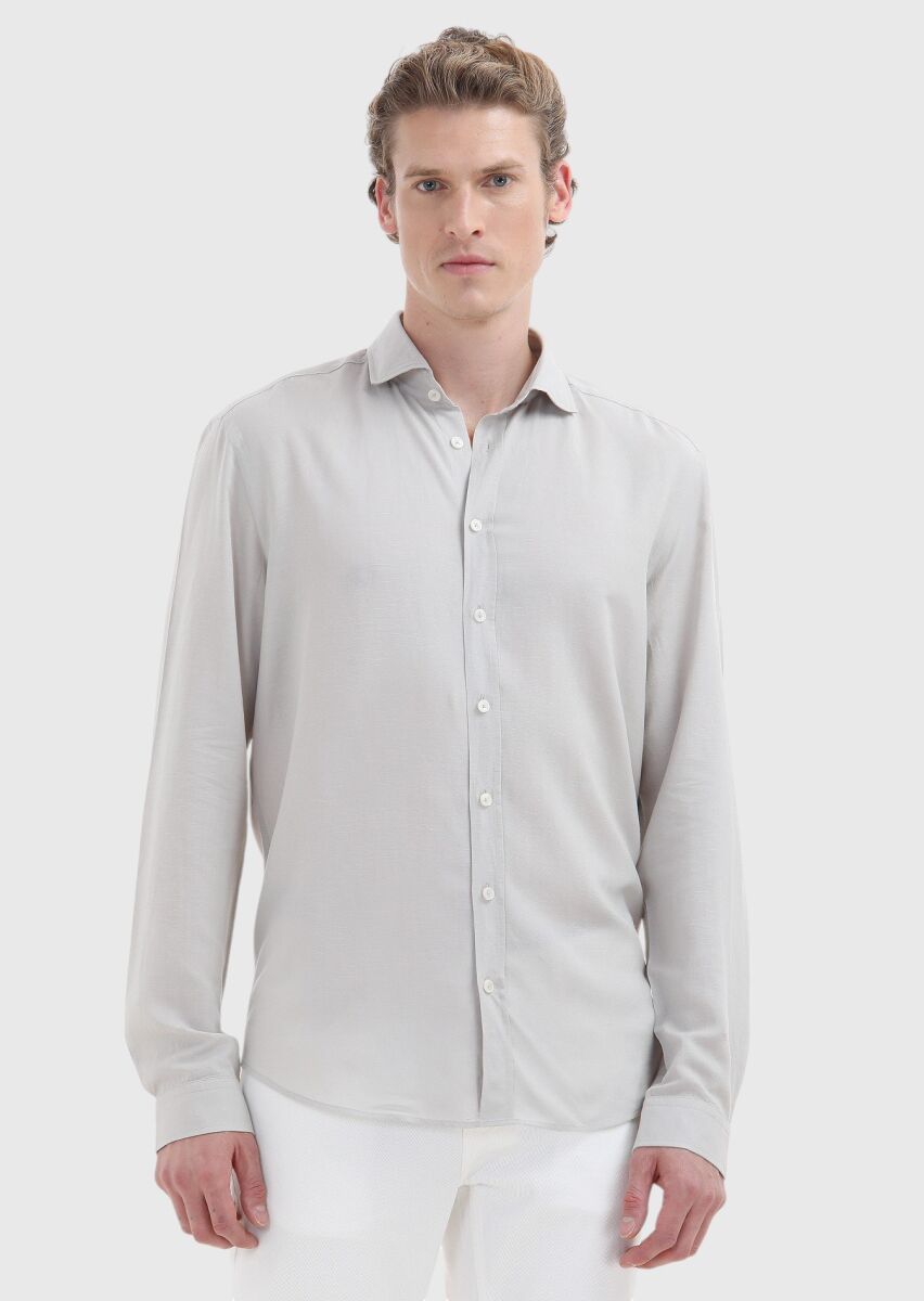 Grey Plain Regular Fit Long Weaving Casual Linen Blended Shirt - 2