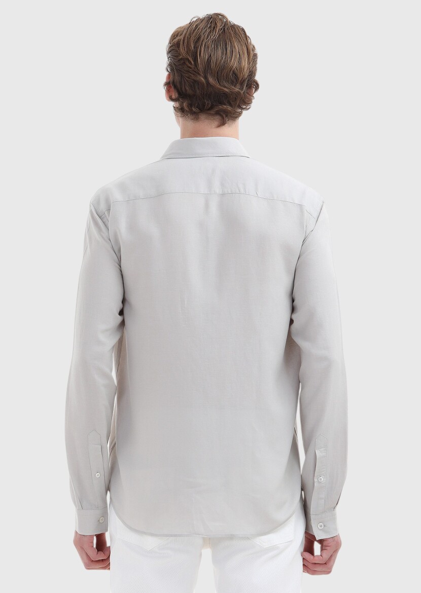 Grey Plain Regular Fit Long Weaving Casual Linen Blended Shirt - 4