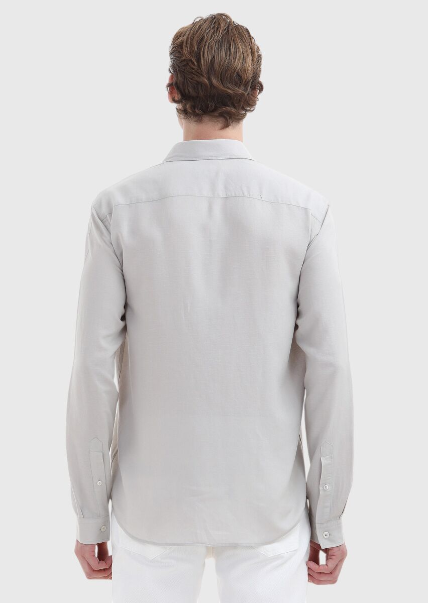 Grey Plain Regular Fit Long Weaving Casual Linen Blended Shirt - 4