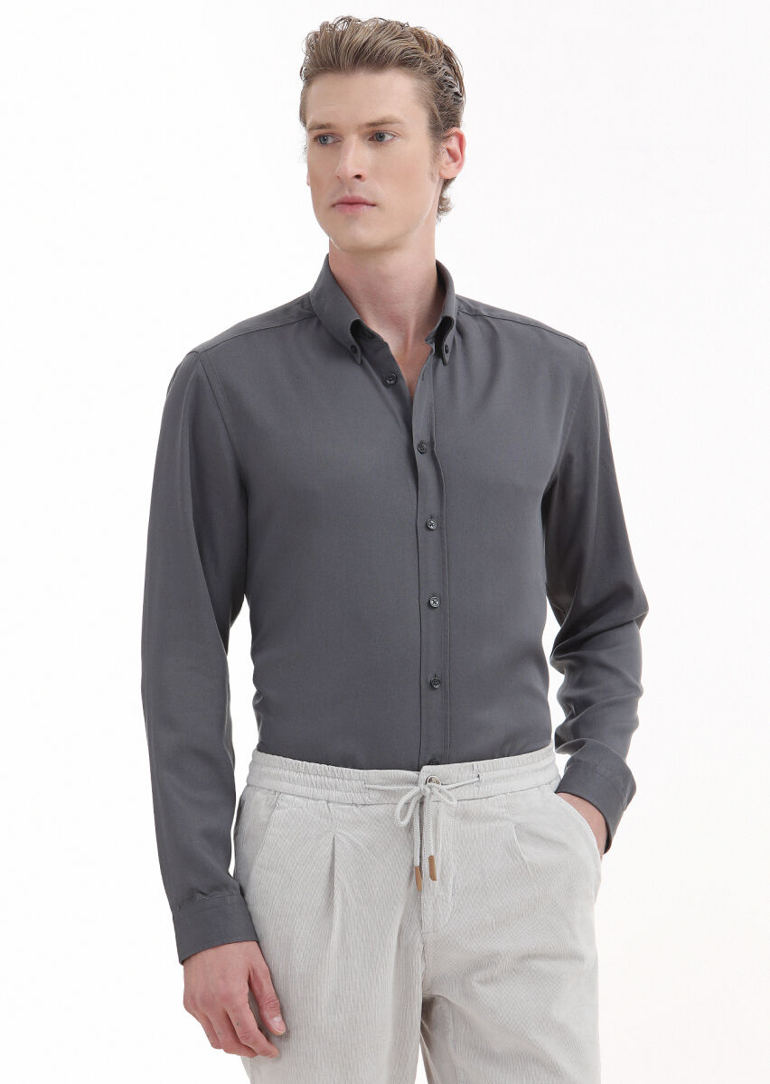 Grey Plain Regular Fit Long Weaving Casual Shirt - 1