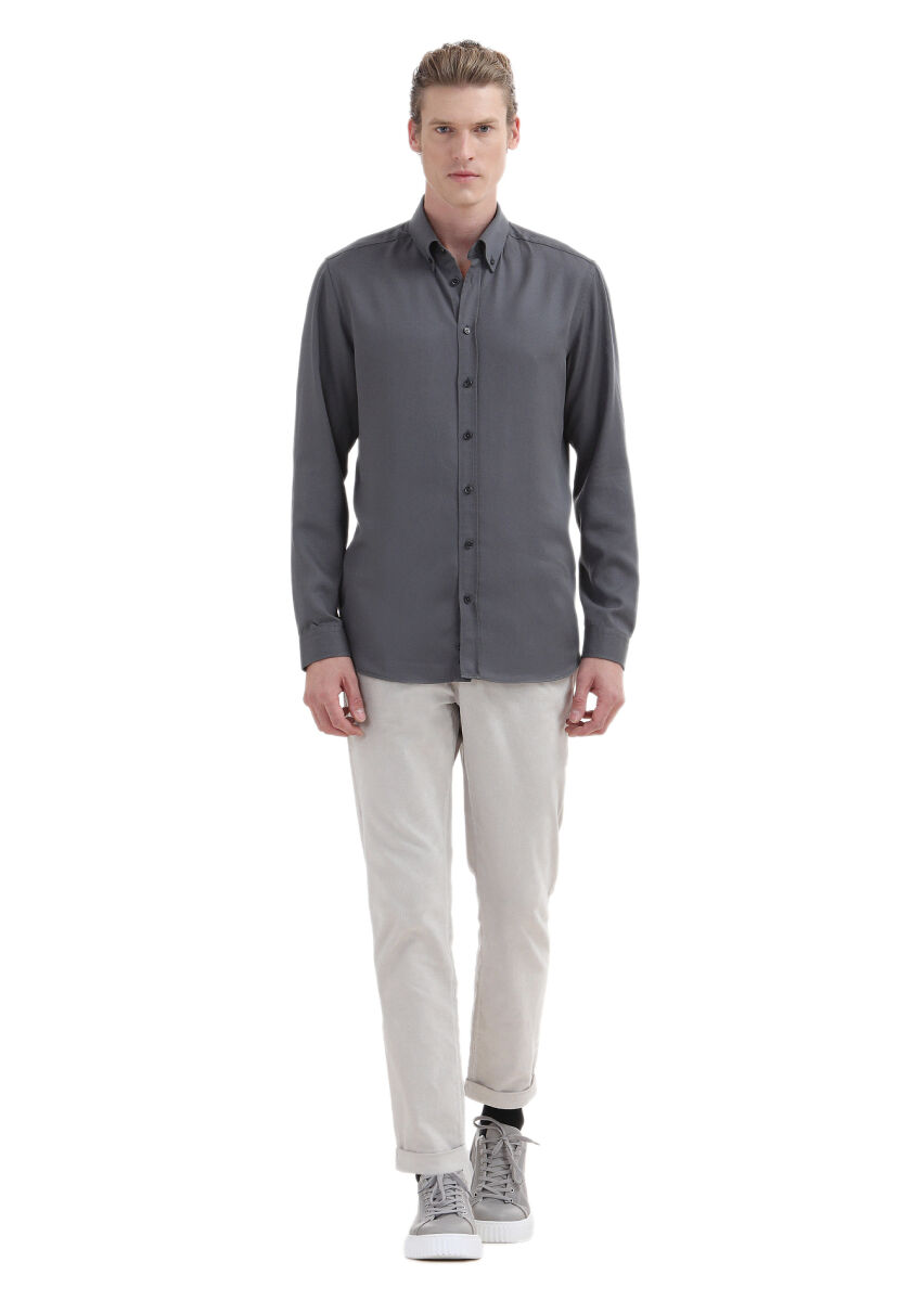 Grey Plain Regular Fit Long Weaving Casual Shirt - 2
