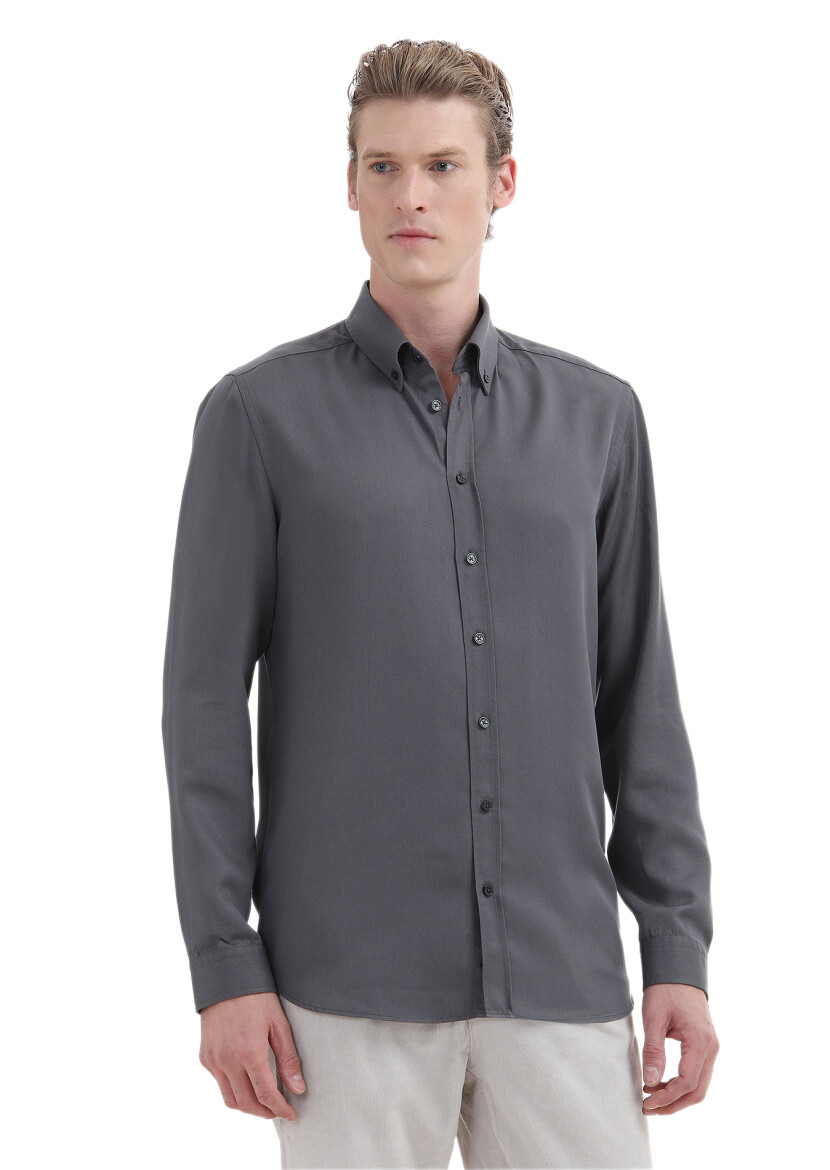 Grey Plain Regular Fit Long Weaving Casual Shirt - 3
