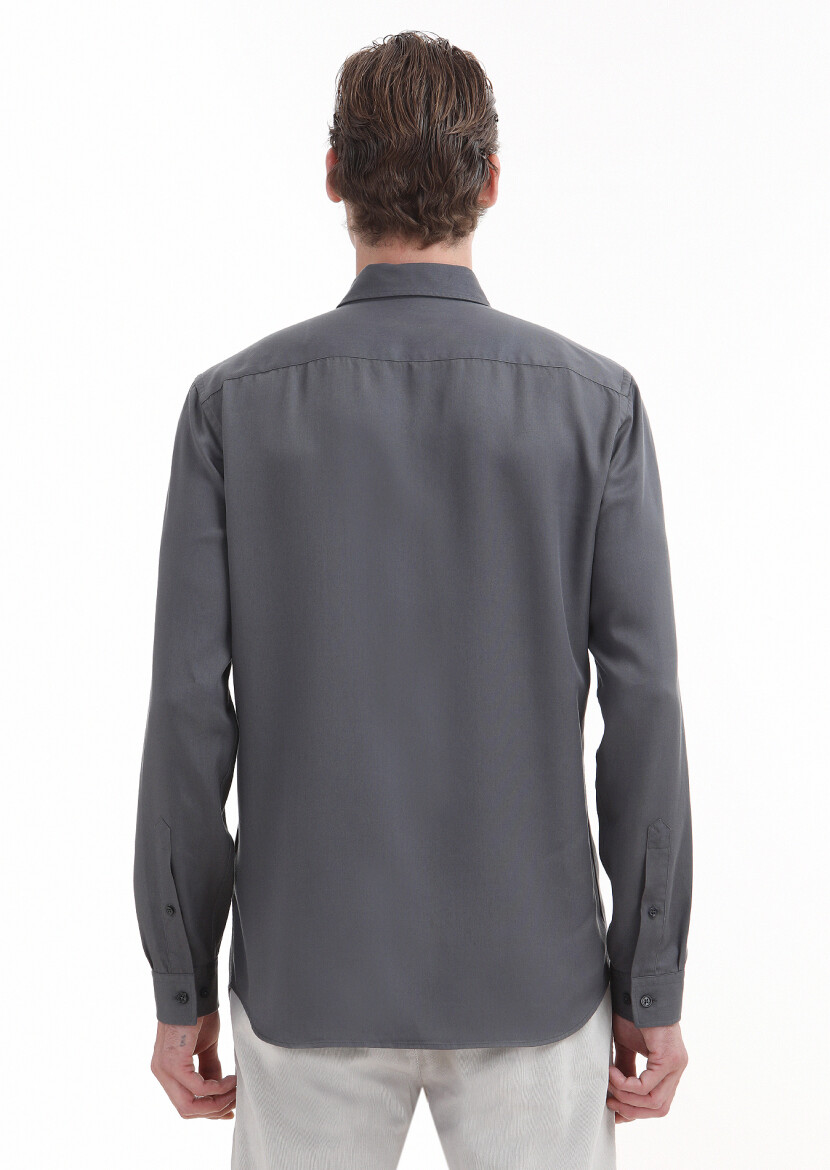 Grey Plain Regular Fit Long Weaving Casual Shirt - 5