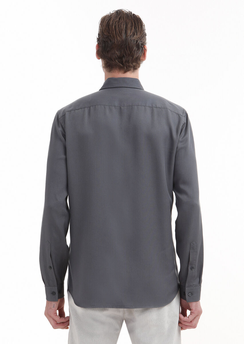 Grey Plain Regular Fit Long Weaving Casual Shirt - 5