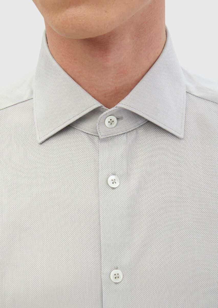 Grey Plain Regular Fit Long Weaving Classical 100% Cotton Shirt - 3