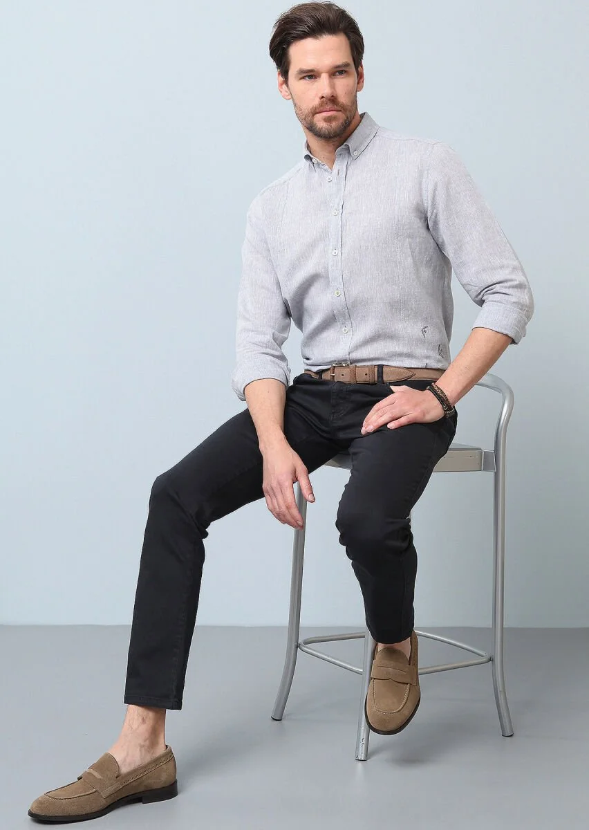 Grey Plain Regular Fit Weaving Casual Cotton Blended Shirt - 1