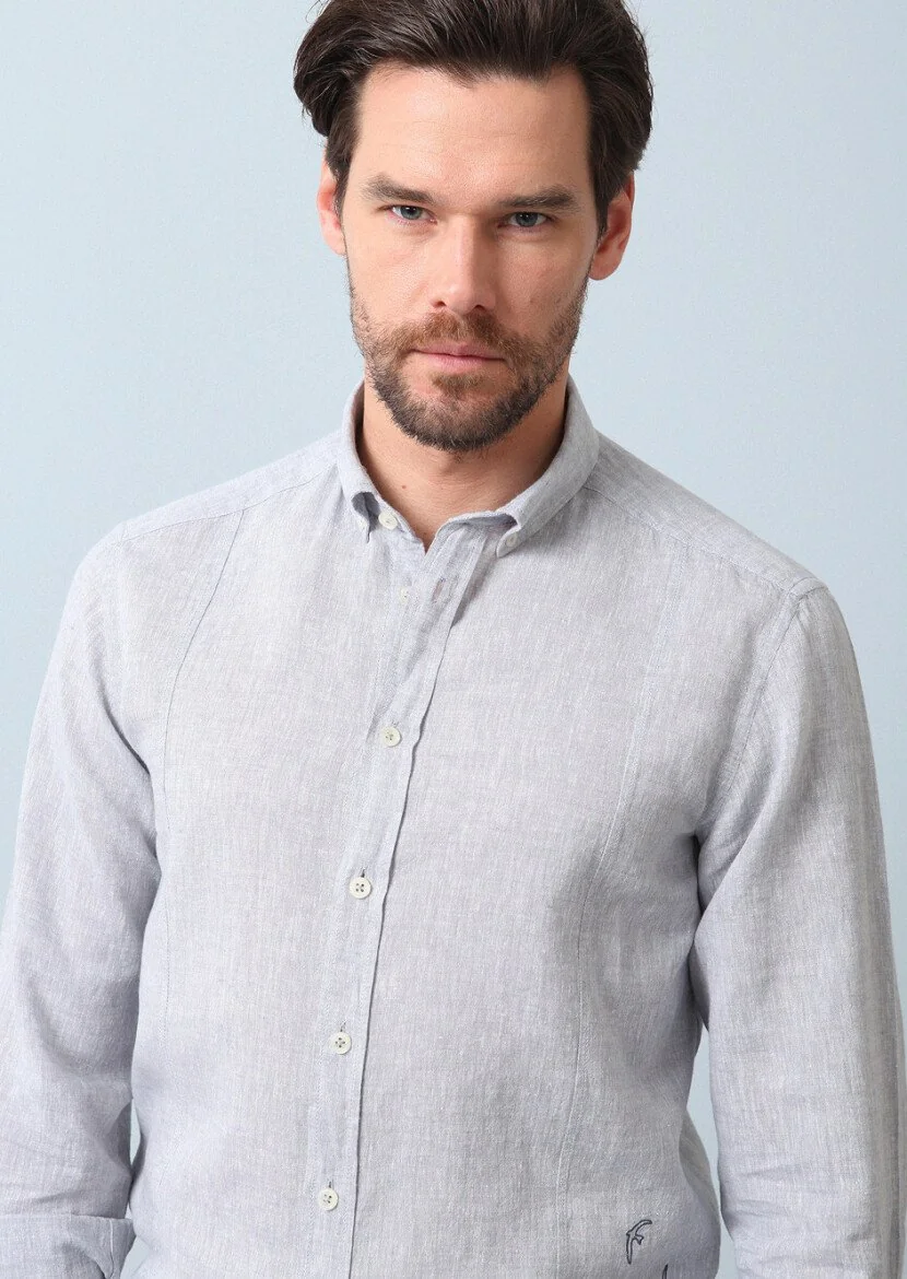 Grey Plain Regular Fit Weaving Casual Cotton Blended Shirt - 2