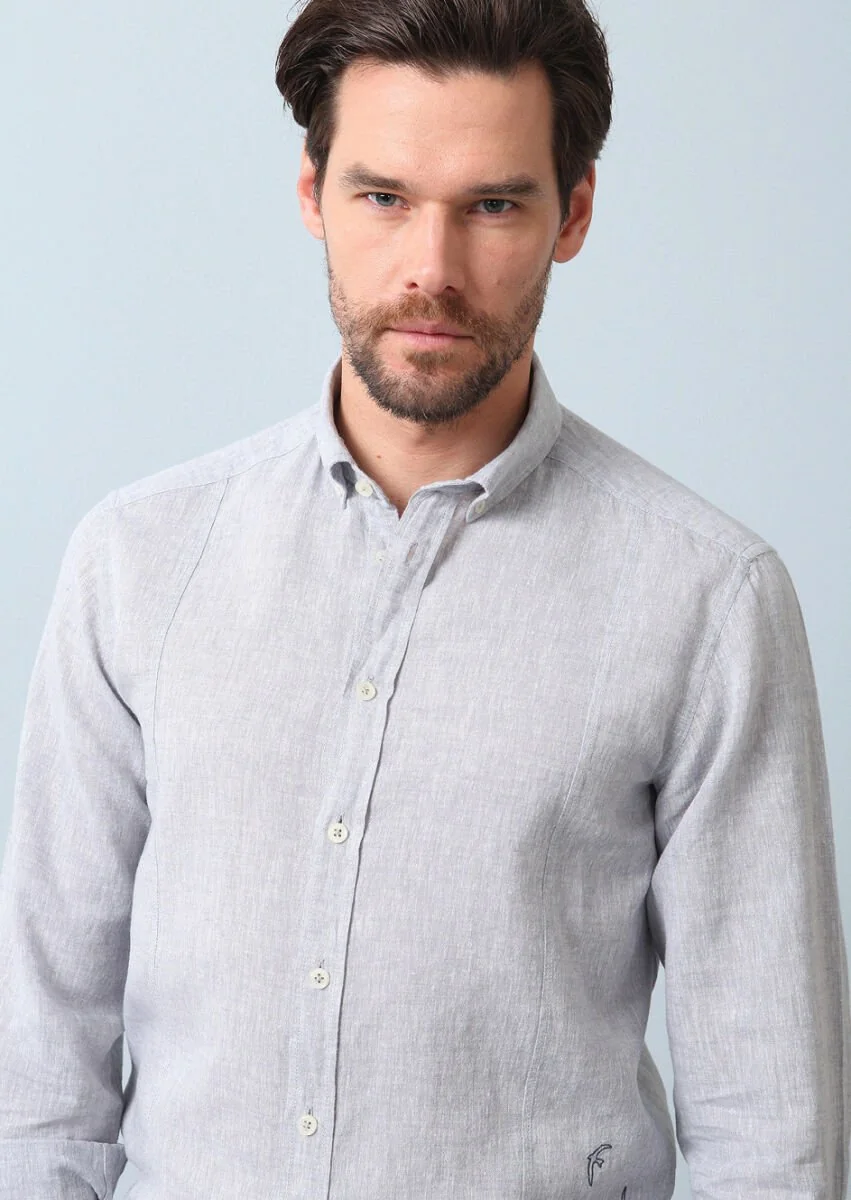 Grey Plain Regular Fit Weaving Casual Cotton Blended Shirt - 2
