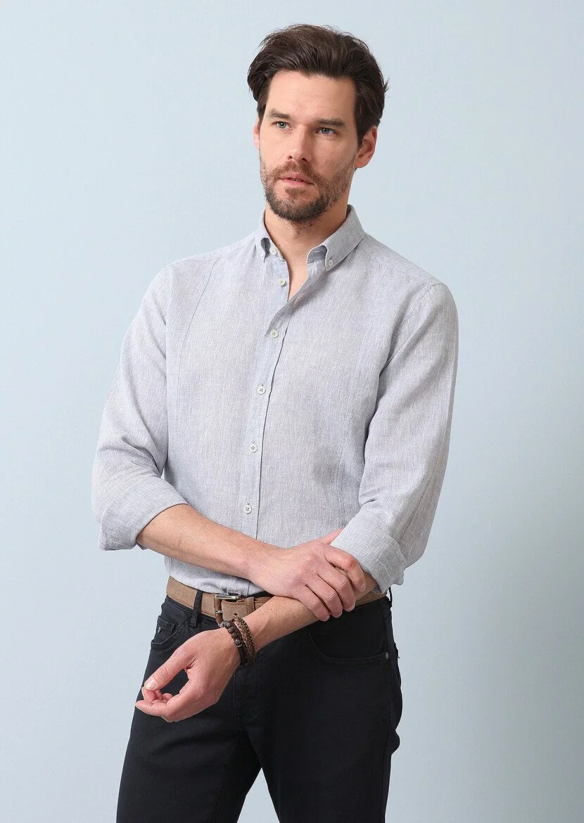 Grey Plain Regular Fit Weaving Casual Cotton Blended Shirt - 3