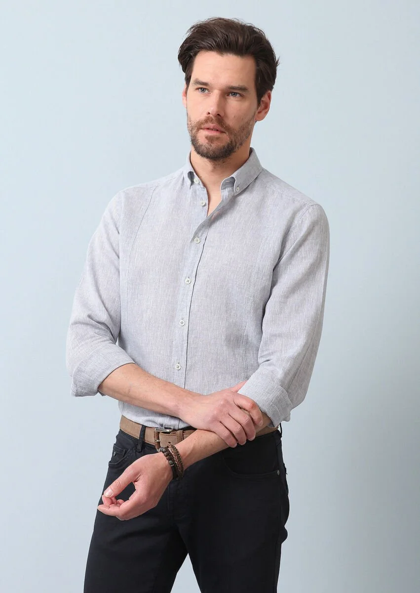 Grey Plain Regular Fit Weaving Casual Cotton Blended Shirt - 3
