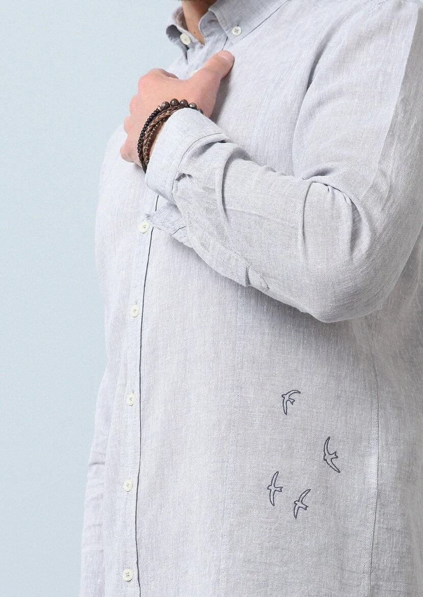 Grey Plain Regular Fit Weaving Casual Cotton Blended Shirt - 5
