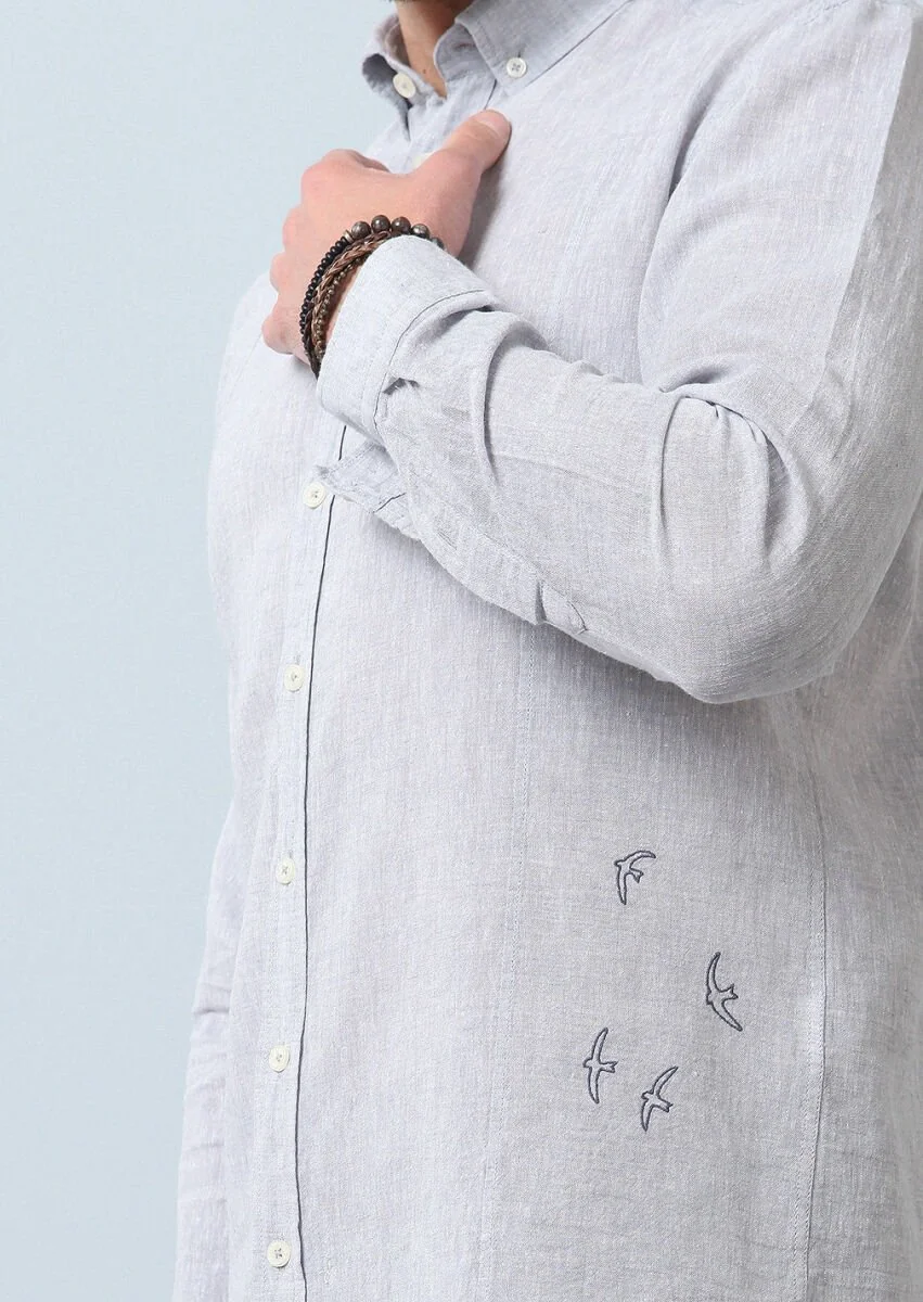 Grey Plain Regular Fit Weaving Casual Cotton Blended Shirt - 5