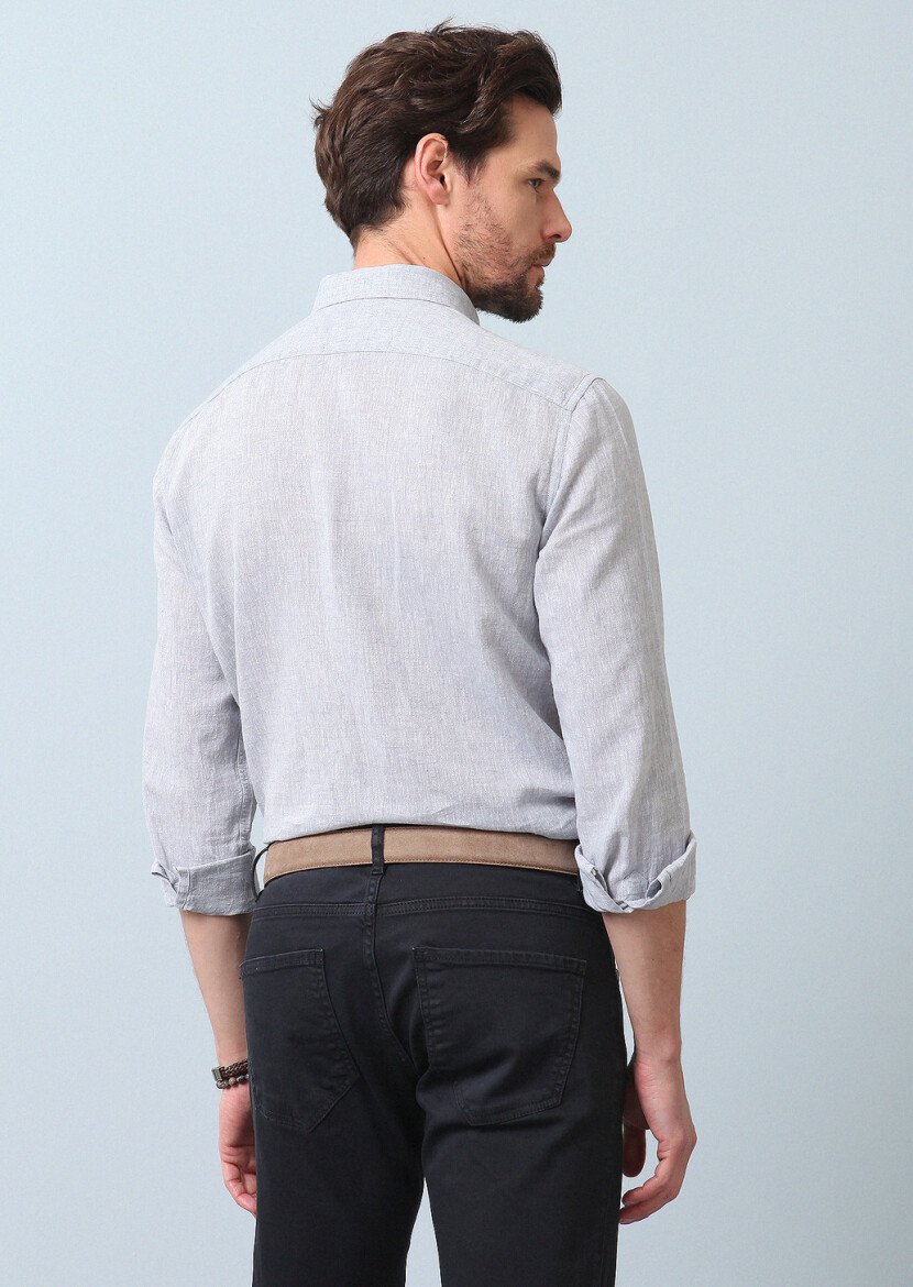 Grey Plain Regular Fit Weaving Casual Cotton Blended Shirt - 6