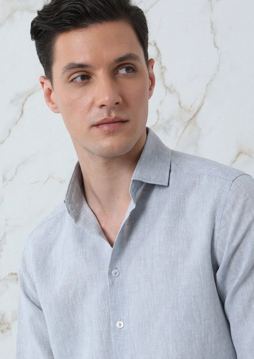 Grey Plain Regular Fit Weaving Casual Cotton Blended Shirt - 3