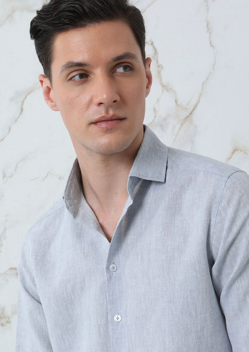 Grey Plain Regular Fit Weaving Casual Cotton Blended Shirt - 3