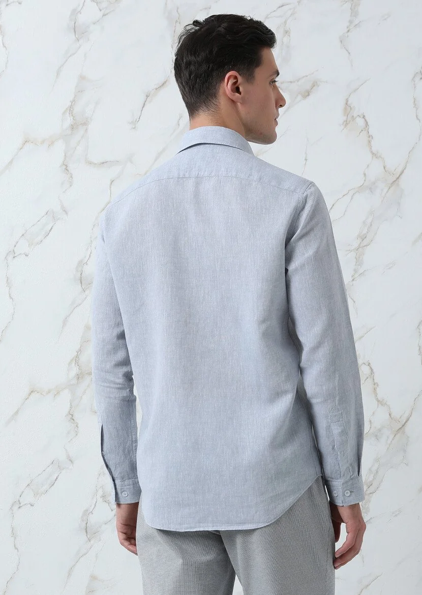 Grey Plain Regular Fit Weaving Casual Cotton Blended Shirt - 5