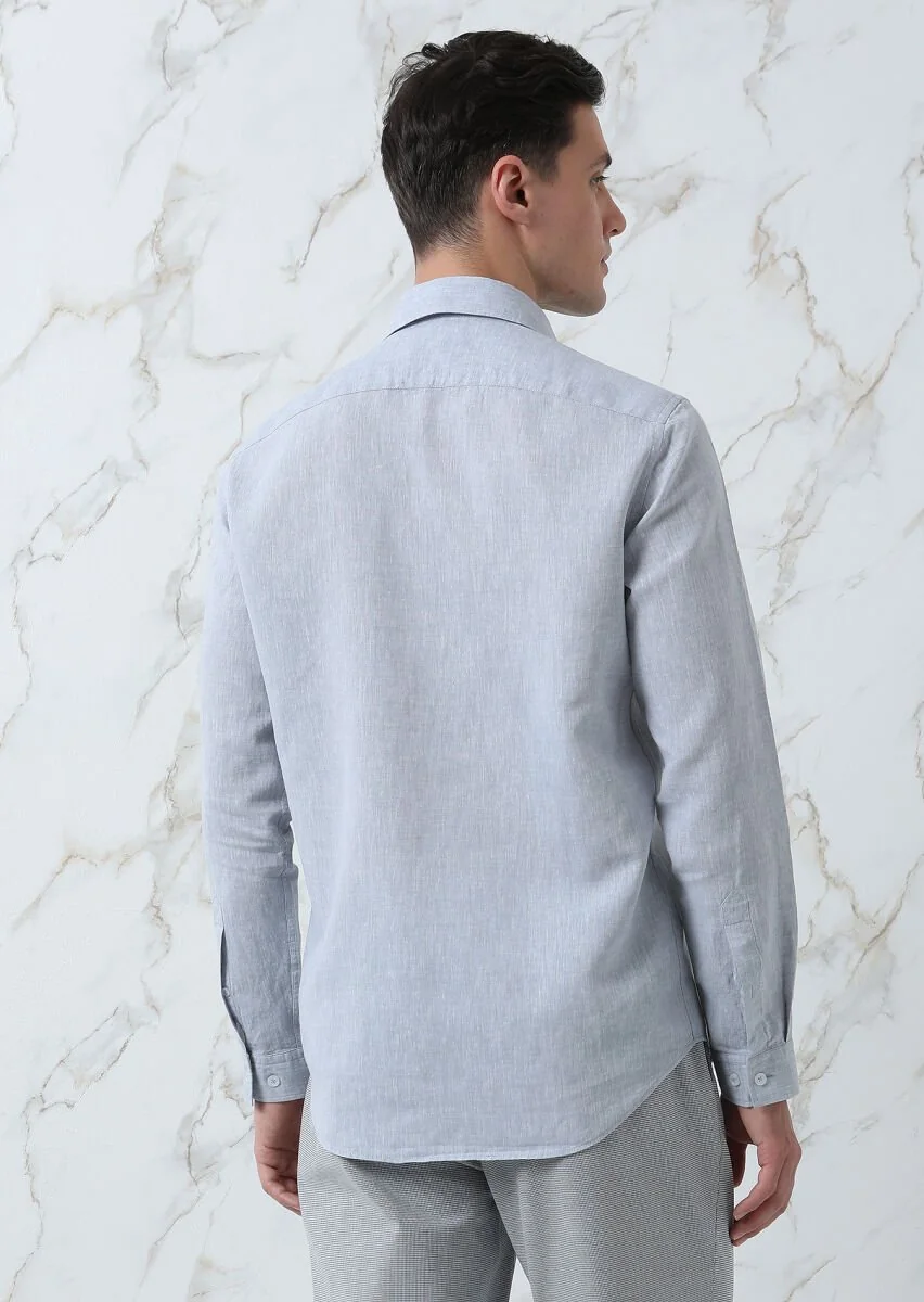 Grey Plain Regular Fit Weaving Casual Cotton Blended Shirt - 5