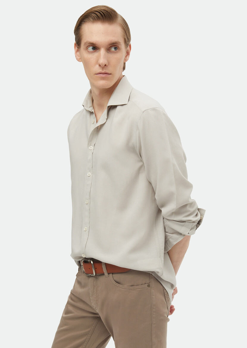 Grey Plain Regular Fit Weaving Casual Linen Blended Shirt - 6