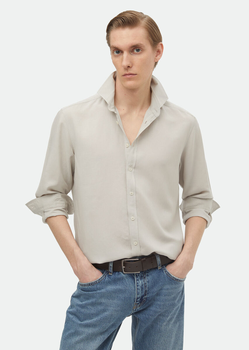 Grey Plain Regular Fit Weaving Casual Linen Blended Shirt - 2