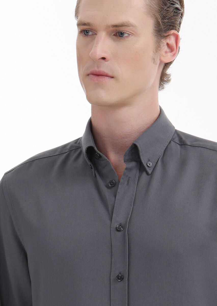 Grey Plain Regular Fit Weaving Casual Shirt - 4