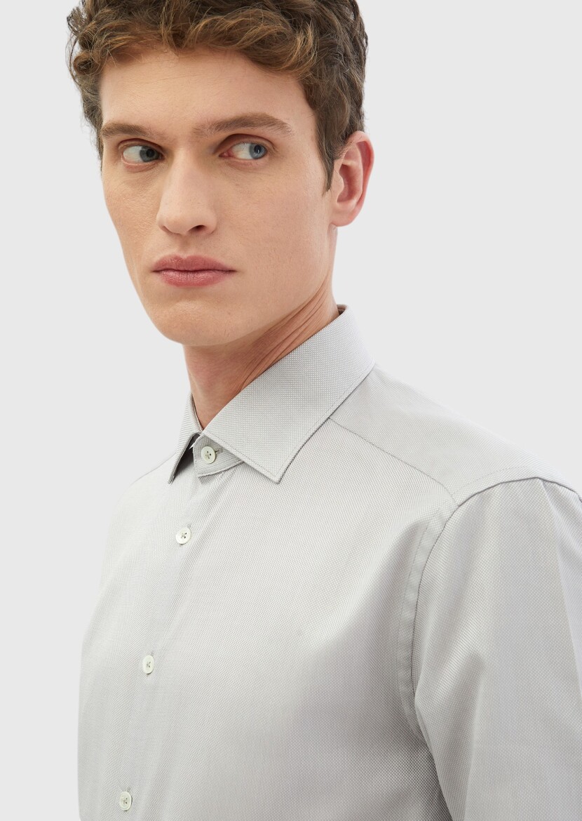 Grey Plain Regular Fit Weaving Classical 100% Cotton Shirt - 4