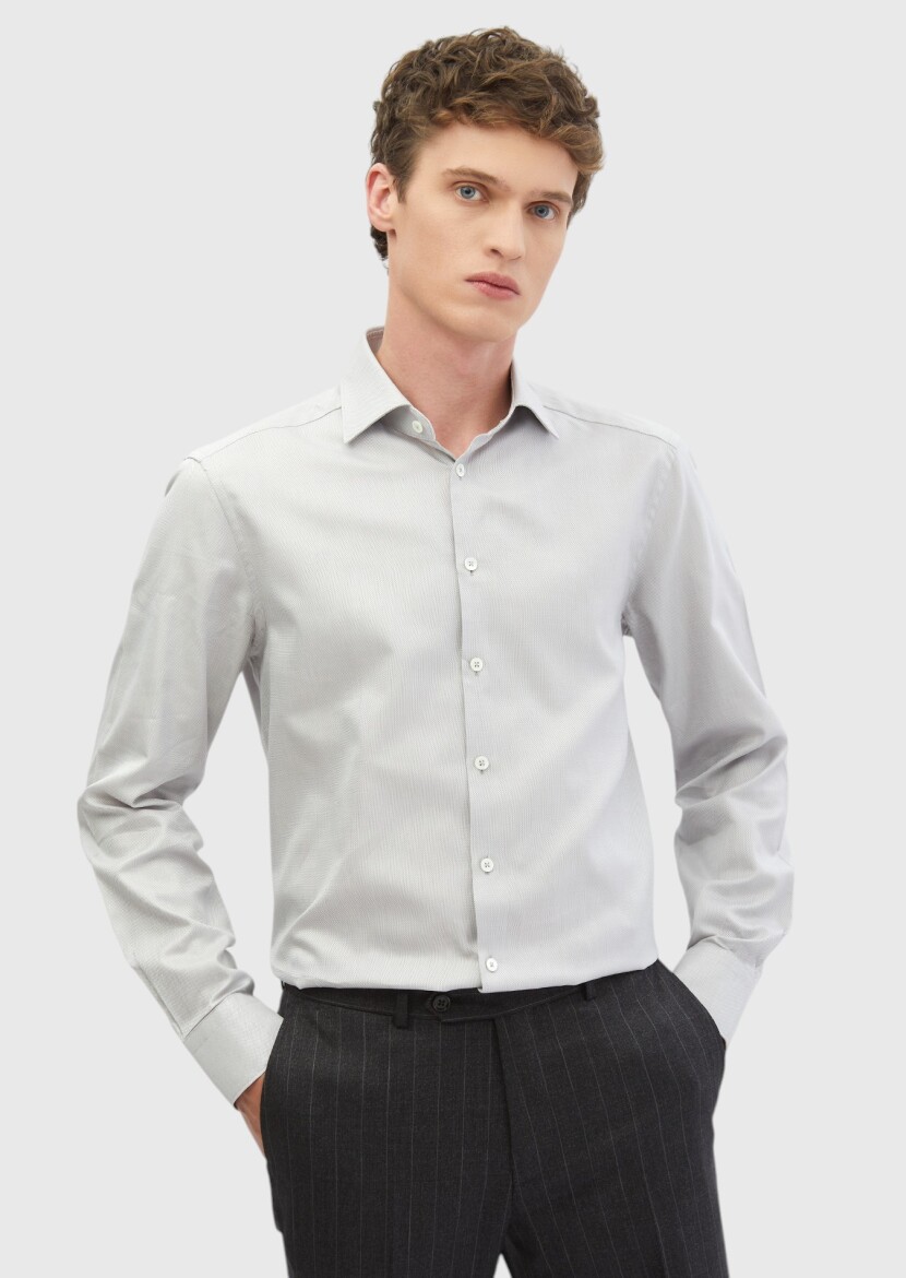 Grey Plain Regular Fit Weaving Classical 100% Cotton Shirt - RAMSEY