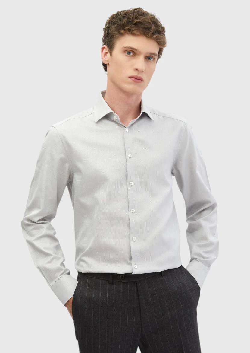 Grey Plain Regular Fit Weaving Classical 100% Cotton Shirt - RAMSEY