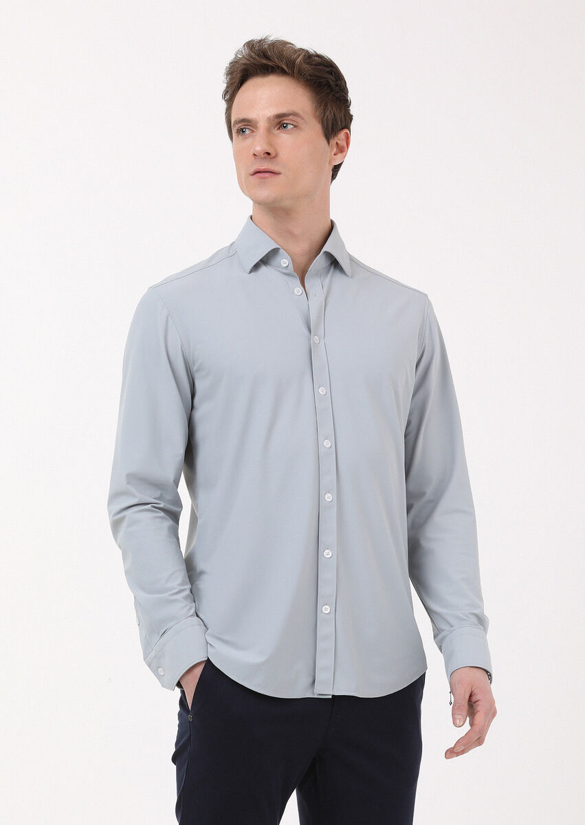 Grey Plain Regular Fit Weaving Classical Shirt - 1