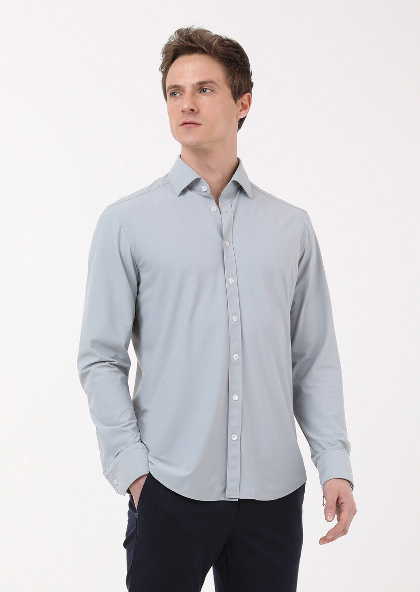 Grey Plain Regular Fit Weaving Classical Shirt - 2