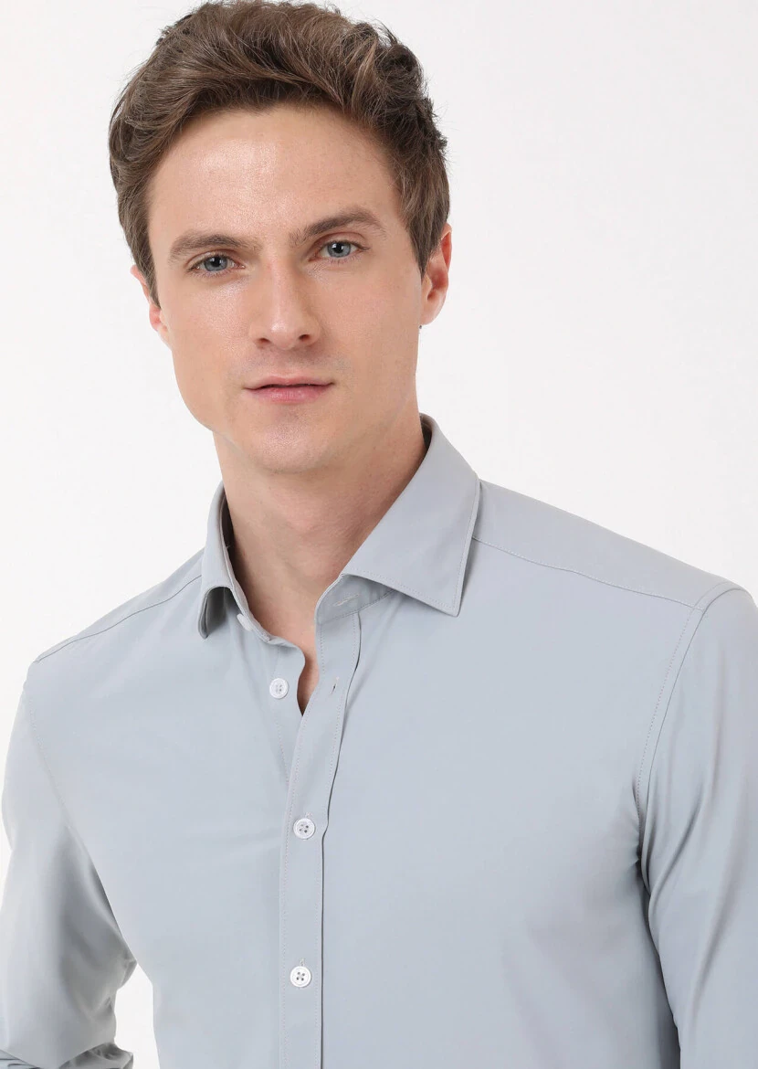 Grey Plain Regular Fit Weaving Classical Shirt - RAMSEY