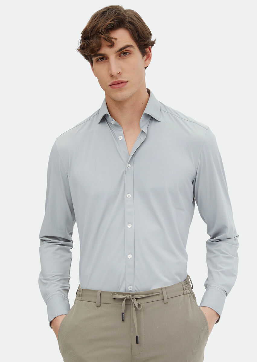 Grey Plain Regular Fit Weaving Classical Shirt - 1