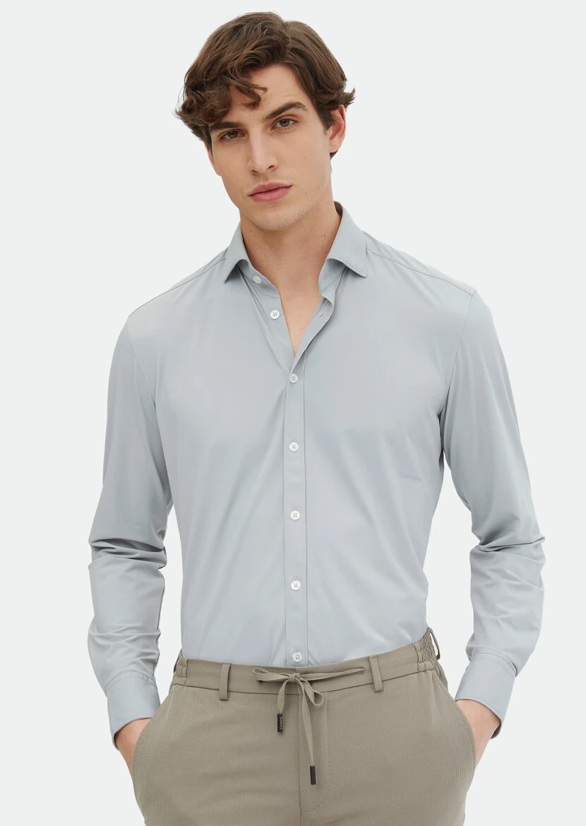 Grey Plain Regular Fit Weaving Classical Shirt - RAMSEY