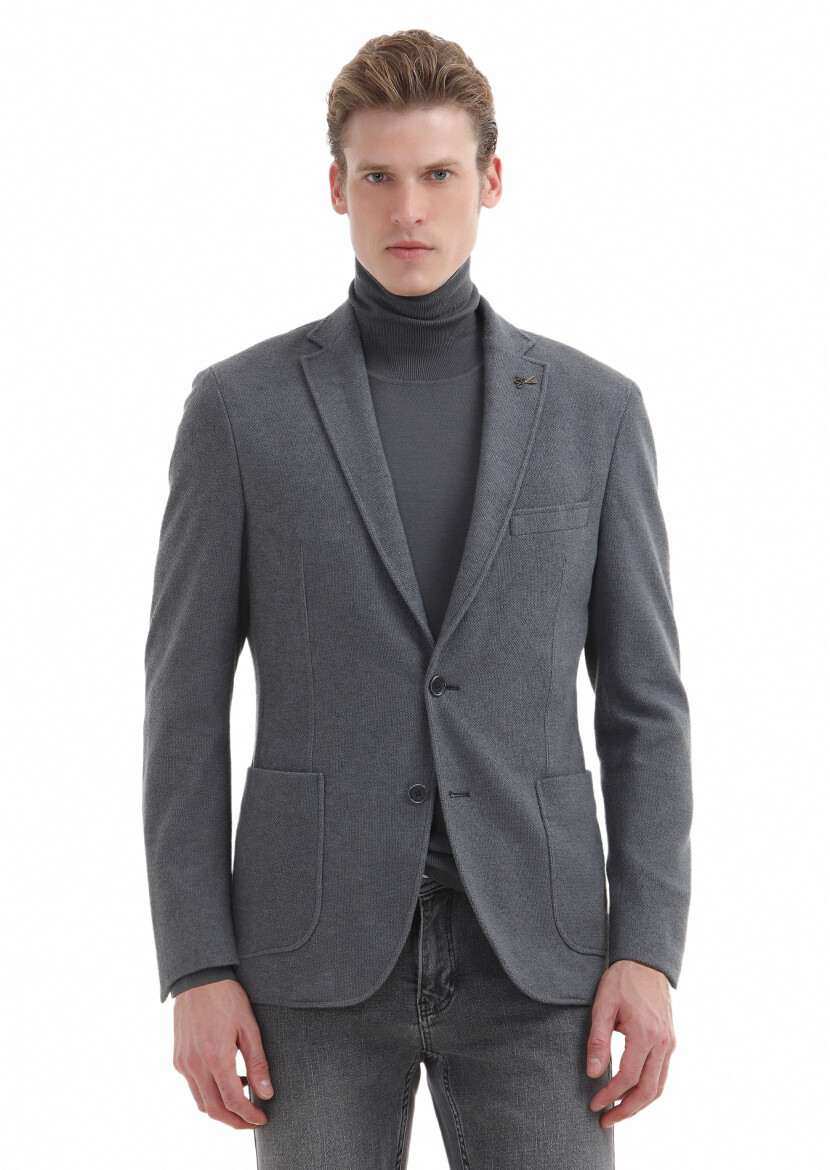 Grey Plain Shirt Shoulder Slim Fit Cotton Blended Jacket - 2