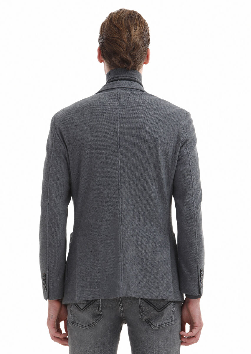 Grey Plain Shirt Shoulder Slim Fit Cotton Blended Jacket - 3